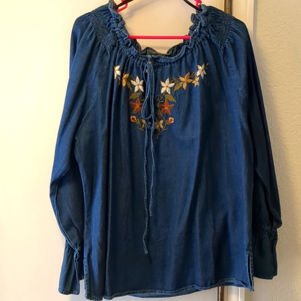 Fashion Bug Embroidered Denim Peasant Top - 22/24